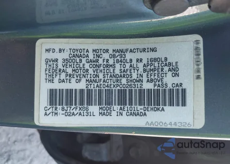 1993 Toyota Corolla из США, поврежденный, VIN 2T1AE04EXPC026312